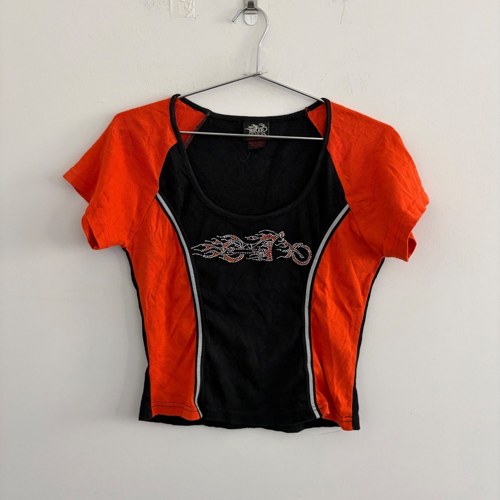 Biker Design Ladies Collection Orange Black Studded Motorcycle Top L
